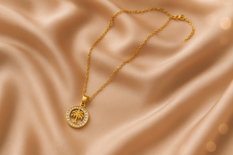 Gold Tree of Life Pendant Necklace with Crystal Accent Border - Image 2