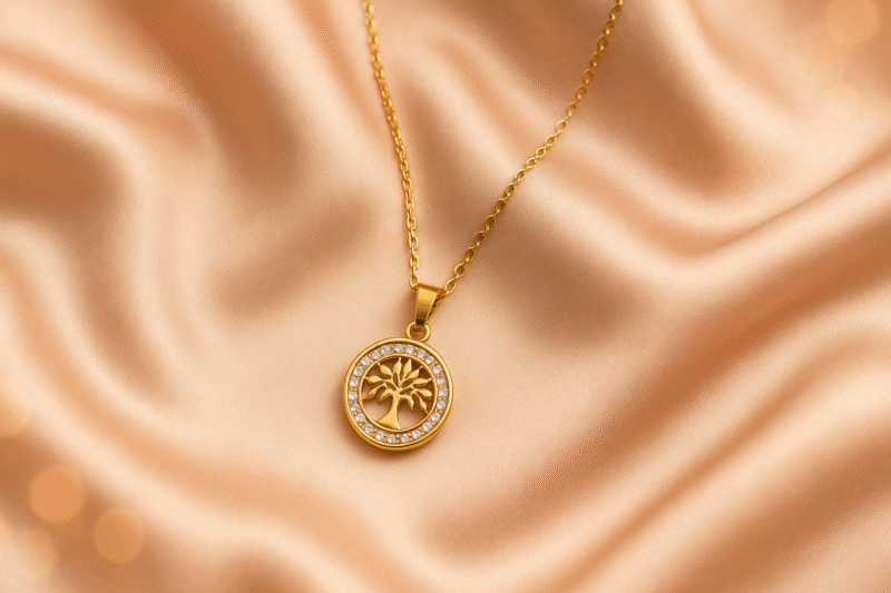 Gold Tree of Life Pendant Necklace with Crystal Accent Border - Image 4