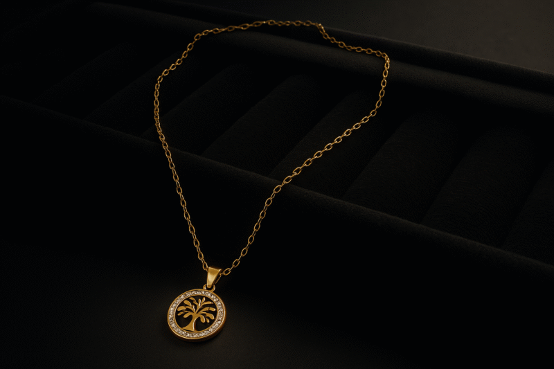 Gold Tree of Life Pendant Necklace with Crystal Accent Border