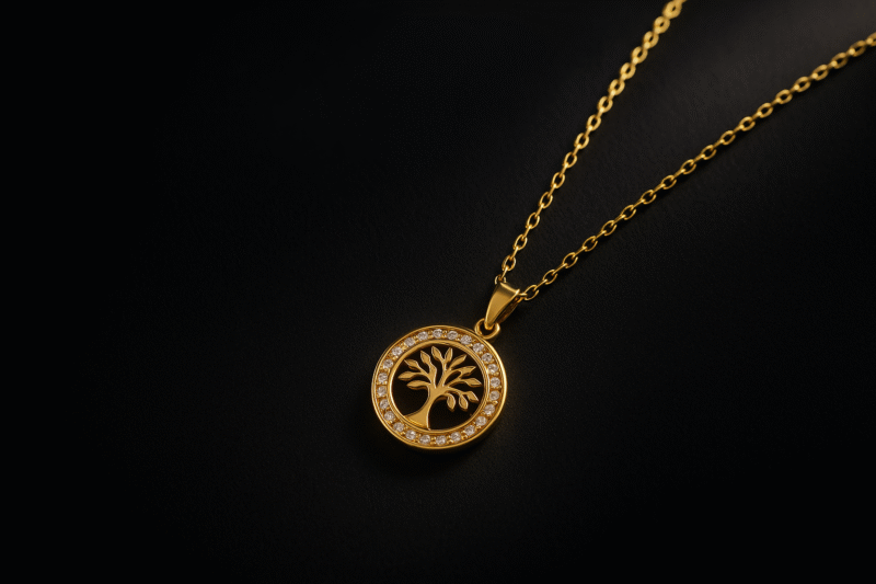 Gold Tree of Life Pendant Necklace with Crystal Accent Border - Image 3