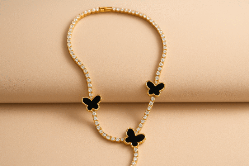 Luxury Gold Butterfly Necklace with Black Enamel Charms and Crystal Tennis Chain - Image 3