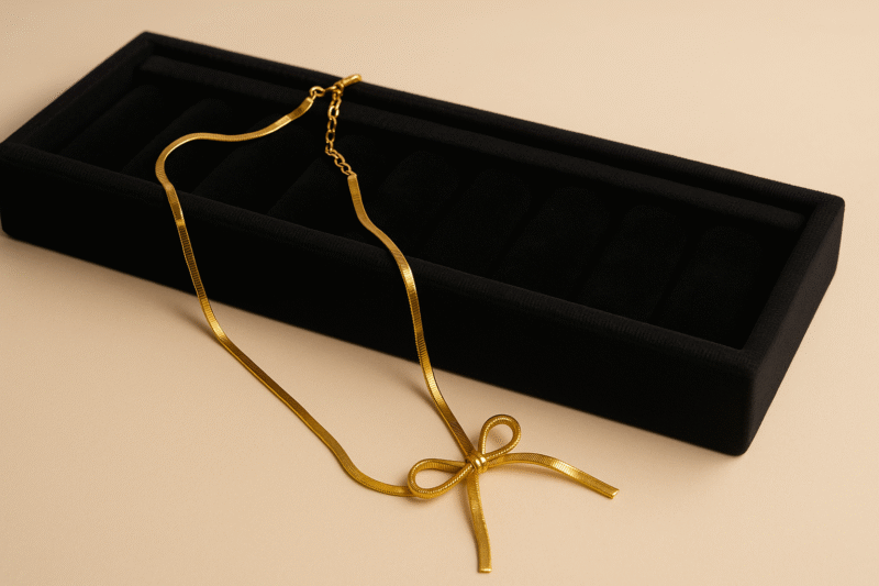 Elegant Gold-Tone Herringbone Bow Necklace – Minimalist Ribbon Design - Image 3
