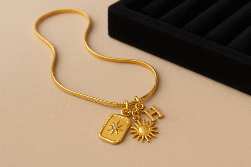 Gold-Tone Charm Necklace with Sun, Star, and Letter Pendants – Radiant Boho Luxe Style