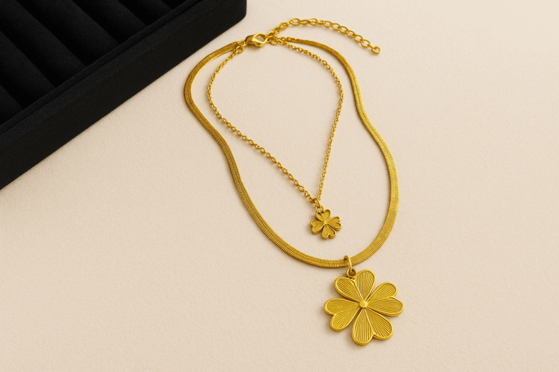 Gold Layered Clover Pendant Necklace – Elegant Dual Chain with Lucky Charm Accents