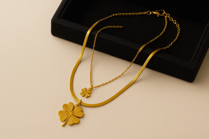 Gold Layered Clover Pendant Necklace – Elegant Dual Chain with Lucky Charm Accents - Image 2