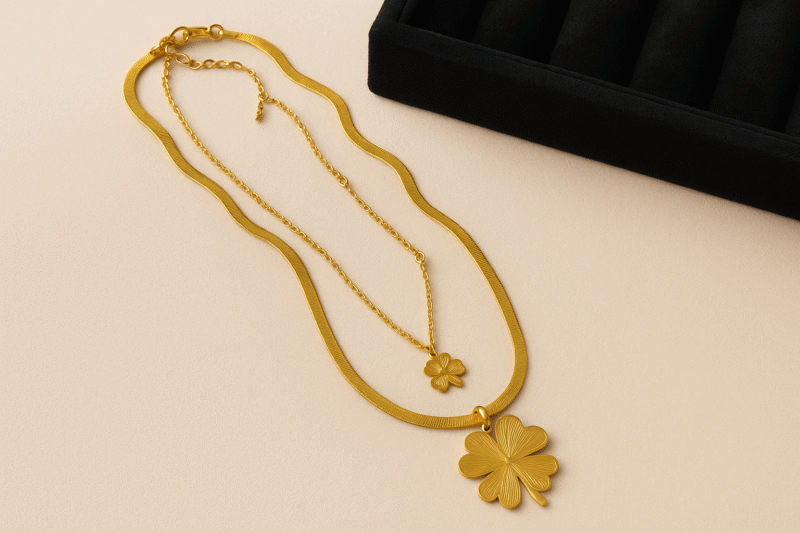 Gold Layered Clover Pendant Necklace – Elegant Dual Chain with Lucky Charm Accents - Image 3