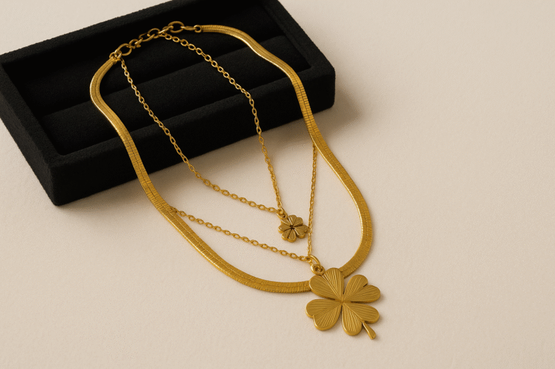 Gold Layered Clover Pendant Necklace – Elegant Dual Chain with Lucky Charm Accents - Image 4