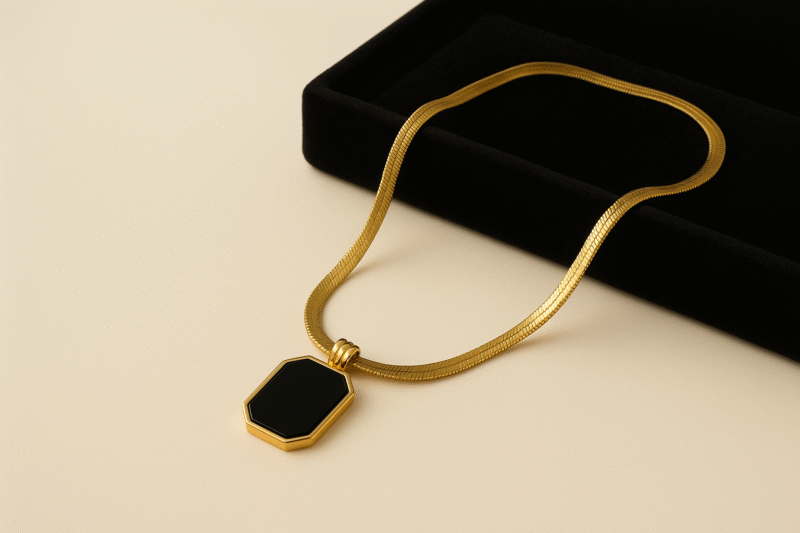 Gold Snake Chain Necklace with Black Enamel Octagon Pendant - Image 4