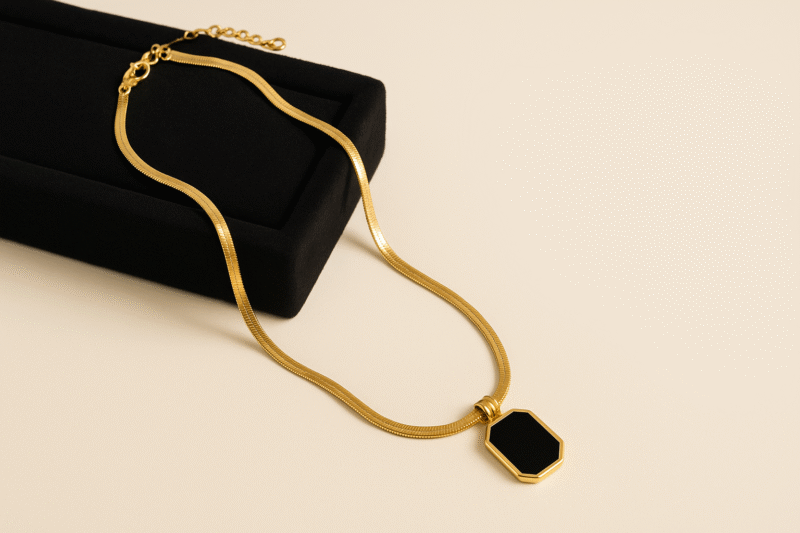 Gold Snake Chain Necklace with Black Enamel Octagon Pendant - Image 3