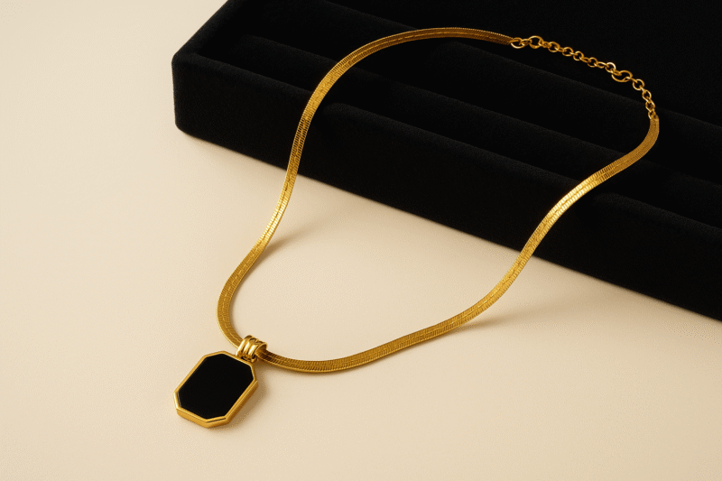 Gold Snake Chain Necklace with Black Enamel Octagon Pendant