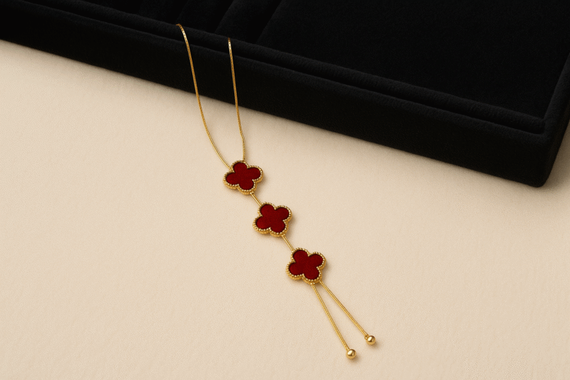 Elegant Gold-Plated Necklace with Red Clover Charms - Image 2