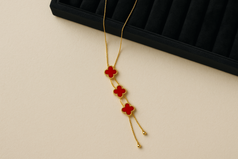 Elegant Gold-Plated Necklace with Red Clover Charms - Image 3