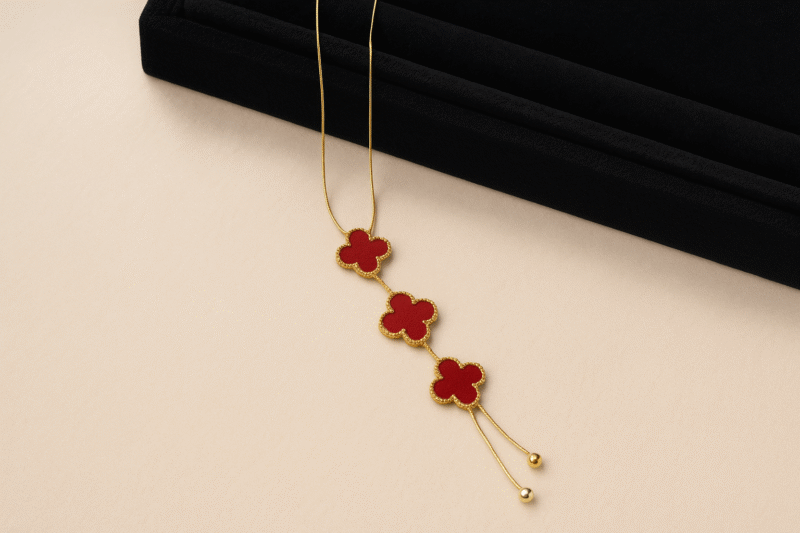 Elegant Gold-Plated Necklace with Red Clover Charms