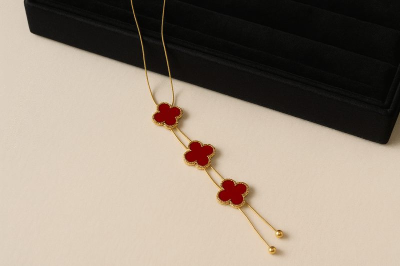 Elegant Gold-Plated Necklace with Red Clover Charms - Image 4