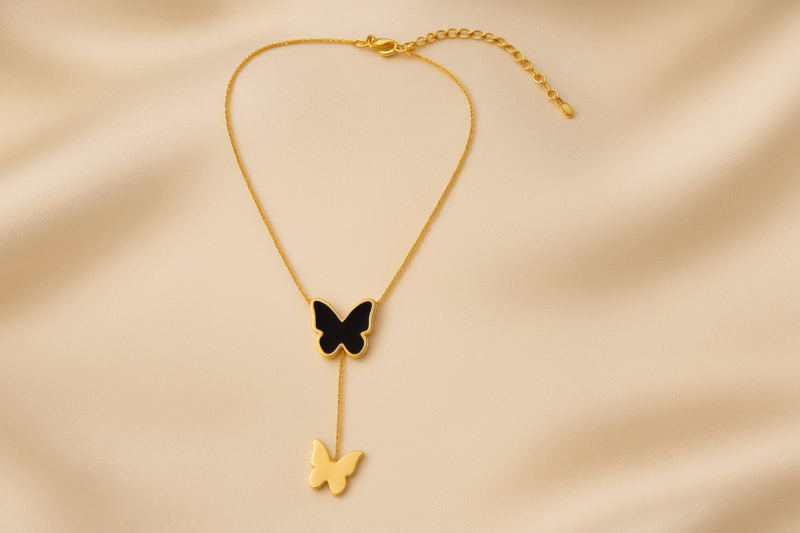 Elegant Dual Butterfly Pendant Necklace – Gold & Black Enamel Finish - Image 3