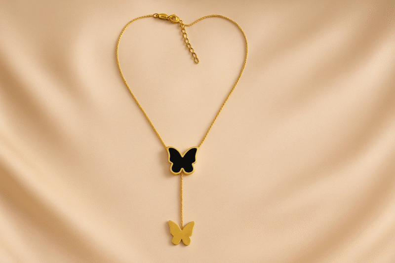 Elegant Dual Butterfly Pendant Necklace – Gold & Black Enamel Finish