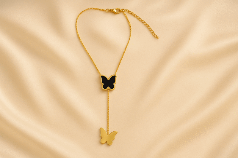 Elegant Dual Butterfly Pendant Necklace – Gold & Black Enamel Finish - Image 4