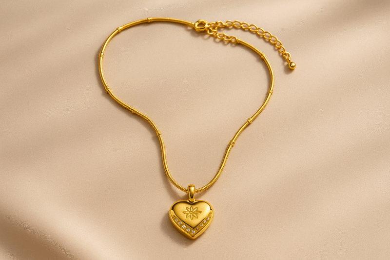 Radiant Heart Pendant Necklace – Gold Finish with Star Detail & Crystal Accents