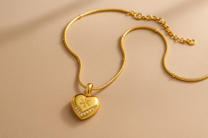 Radiant Heart Pendant Necklace – Gold Finish with Star Detail & Crystal Accents - Image 2