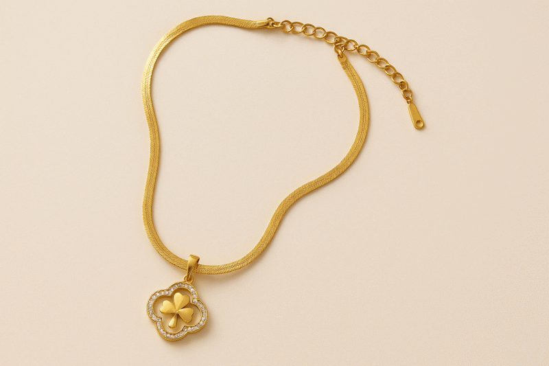 Golden Clover Charm Necklace – Luxe Chain with Crystal-Studded Floral Pendant - Image 4