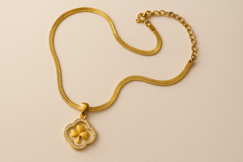 Golden Clover Charm Necklace – Luxe Chain with Crystal-Studded Floral Pendant - Image 2