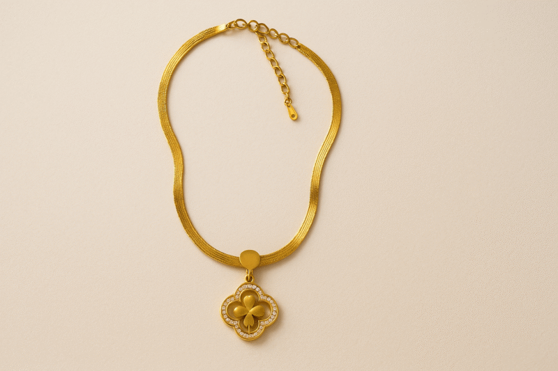 Golden Clover Charm Necklace – Luxe Chain with Crystal-Studded Floral Pendant - Image 3