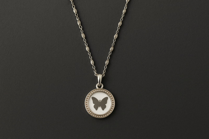 Elegant Silver Butterfly Pendant Necklace with Crystal-Embellished Border - Image 4