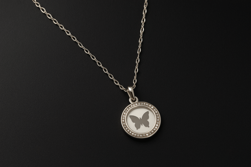 Elegant Silver Butterfly Pendant Necklace with Crystal-Embellished Border