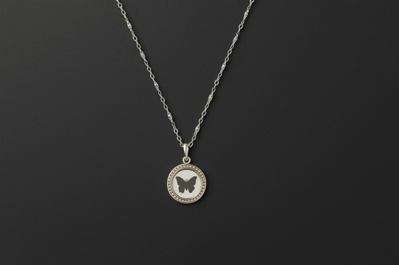 Elegant Silver Butterfly Pendant Necklace with Crystal-Embellished Border - Image 3