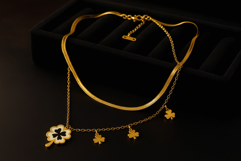 Gold Clover Charm Layered Necklace – Enamel & Mini Lucky Charms Design - Image 2