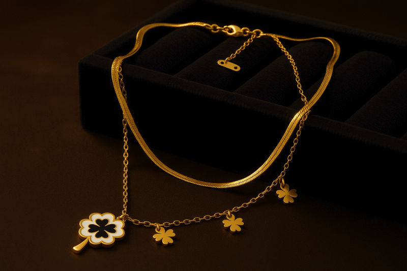 Gold Clover Charm Layered Necklace – Enamel & Mini Lucky Charms Design