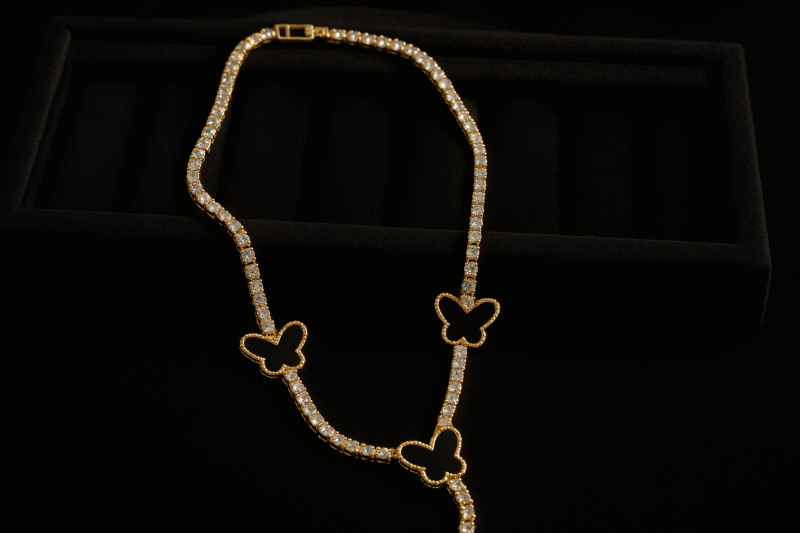 Luxury Gold Butterfly Necklace with Black Enamel Charms and Crystal Tennis Chain - Image 2