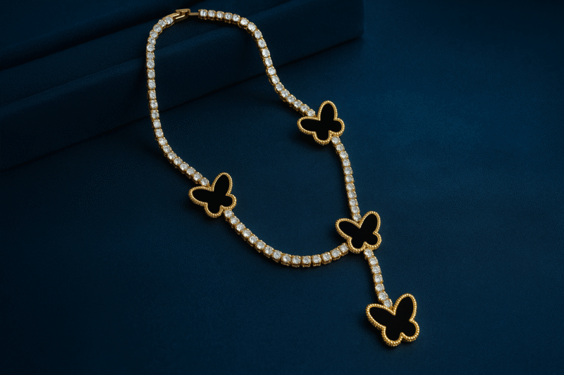 Luxury Gold Butterfly Necklace with Black Enamel Charms and Crystal Tennis Chain