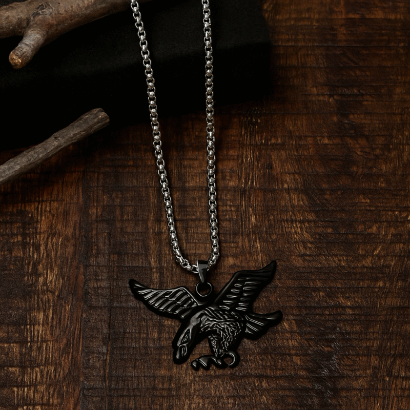 Midnight Eagle Pendant Necklace for Men – Premium Black Plated Stainless Steel Chain with Bold Flying Eagle Charm