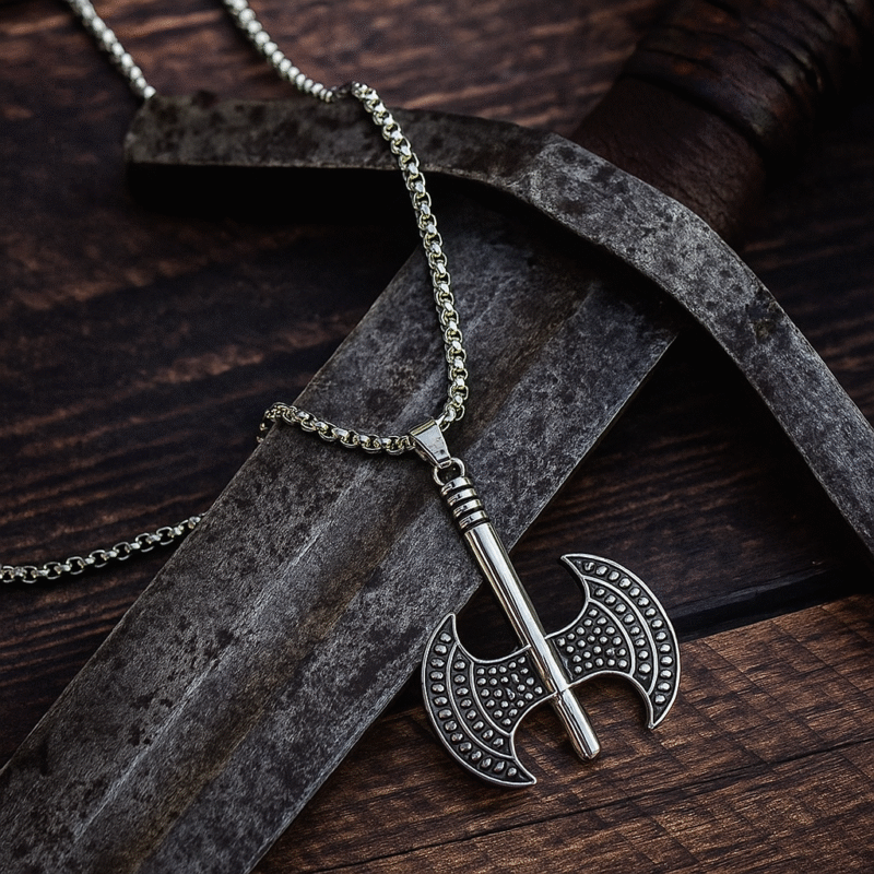 Battle Axe Pendant Necklace for Men – Viking-Inspired Dual Blade Charm on Heavy Stainless Steel Chain - Image 2