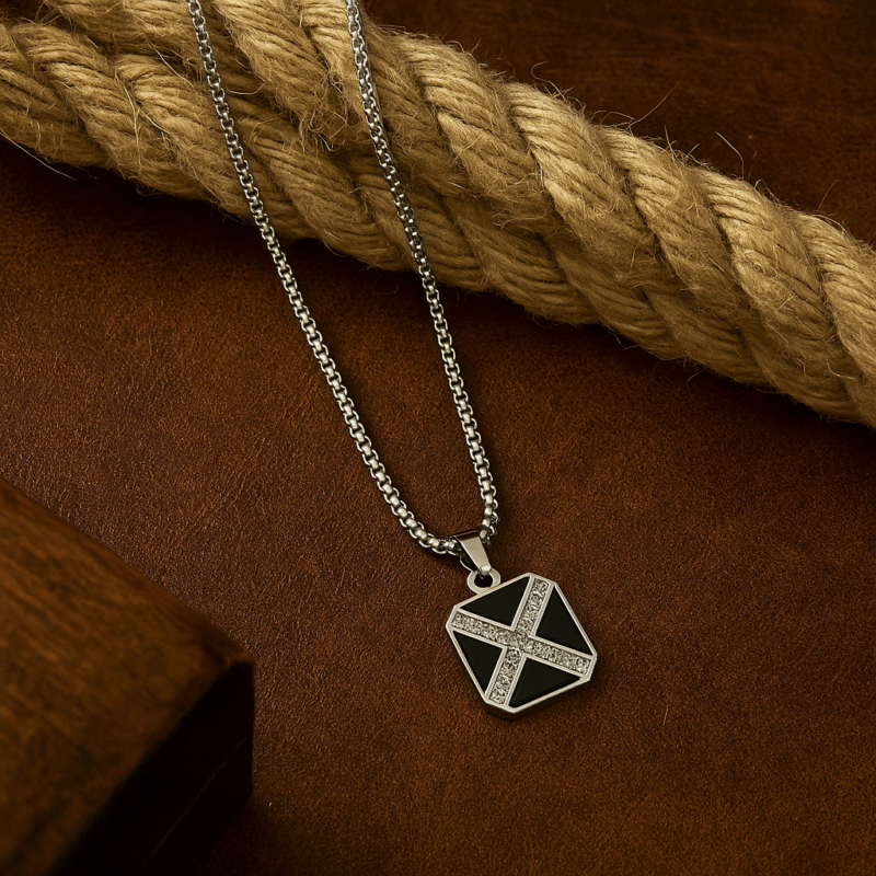 Hexagon Cross Pendant Necklace for Men – Silver-Tone Stainless Steel Chain with Black Enamel & Crystal Detailing - Image 2