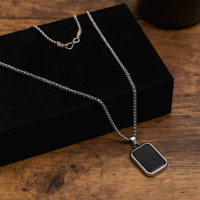 Minimalist Black Dog Tag Pendant for Men – Polished Stainless Steel Chain with Sleek Rectangular Charm