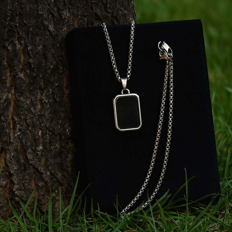 Minimalist Black Dog Tag Pendant for Men – Polished Stainless Steel Chain with Sleek Rectangular Charm - Image 2