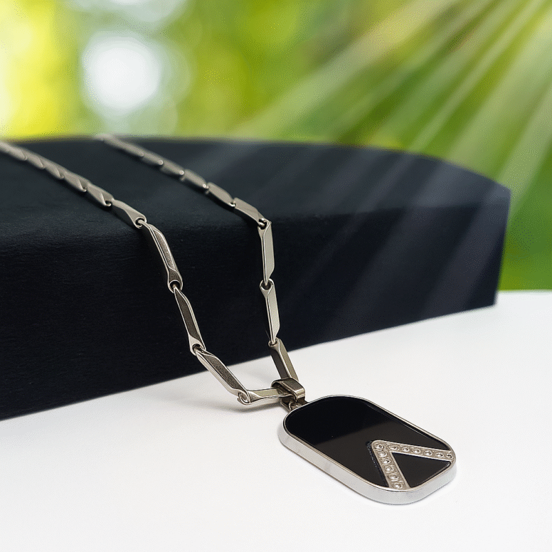 Black Onyx Dog Tag Pendant for Men – Stainless Steel Chain with Diamond-Cut V Design and Polished Finish - Image 2